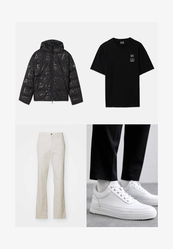 Svart jakke med pufferdesign og blank, mønstrete overflate. Har en frontglidelås, snøring på hetten og logo detaljer på ermet.; Svart bomulls t-skjorte med kort erm, rund hals og et lite logo-merke foran med pleiesymboler i hvitt.; J.LINDEBERG LOIS CLOUD PANTS - Bukse - moonbeam; Hvite skinn-sneakers med flat gummi såle, med en glatt finish, rund tå og metalløye for snøring. Båret med svarte bukser.