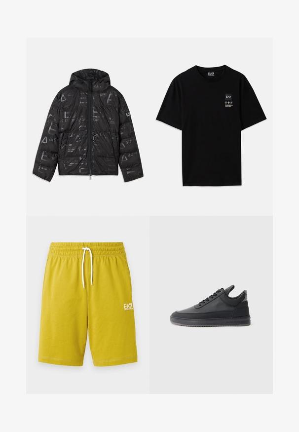 Černá péřová bunda s lesklým, vzorovaným povrchem. Obsahuje přední zip, kapuci se stahovací šňůrou a logové detaily na rukávu.; Černé bavlněné tričko s krátkými rukávy, kulatým výstřihem a malou etiketu s logem na přední straně, která obsahuje bílé symboly péče.; Žluté šortky vyrobené z měkkého materiálu, s elastickým pasem a bílým šňůrkovým stahováním, a malým bílým logem vytištěným na boku.; Černé kožené tenisky s texturovaným povrchem, šněrovacím designem, nízkým střihem a šedou gumovou podrážkou s drážkovaným okrajem.