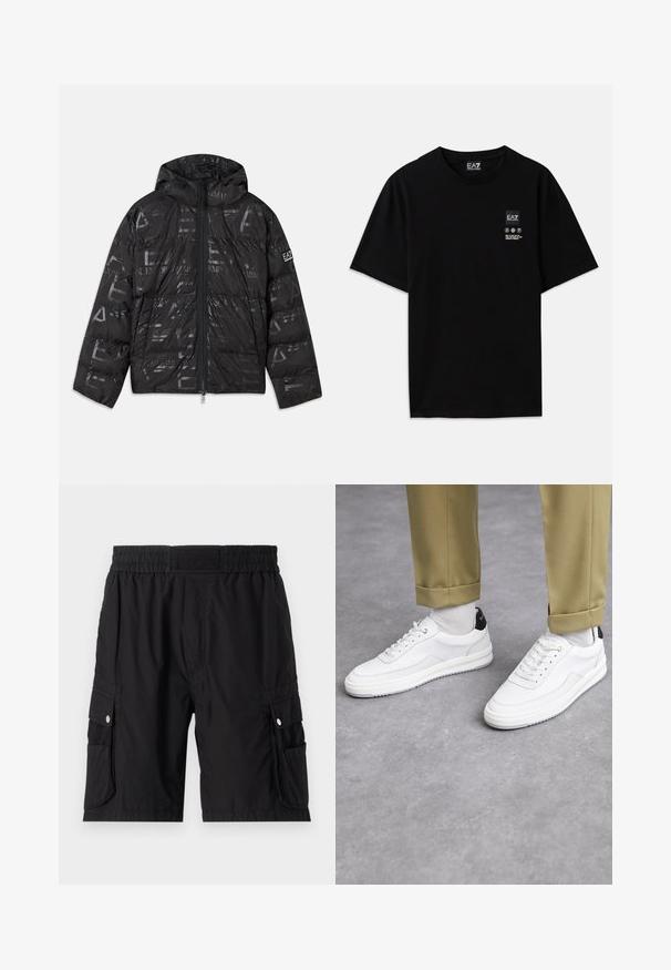Giacca a vento nera con finitura lucida e motivo a trama. Presenta una cerniera frontale, cappuccio con cordino e dettagli con logo sulla manica.; T-shirt nera in cotone con maniche corte, collo a giro e un piccolo etichetta con logo sul davanti che presenta simboli di cura bianchi.; Pantaloni cargo neri realizzati in tessuto leggero, con vita elasticizzata, tasche laterali e dettagli con bottoni a pressione argento.; Sneaker bianchi con finitura in pelle testurizzata, punta arrotondata e accentuazione nera sul tallone. Suola in gomma con piccolo motivo di battistrada e dettagli cuciti.