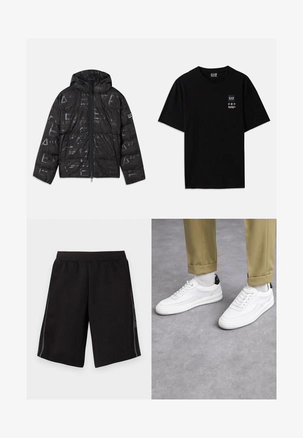 Chaqueta de plumas negra con un acabado brillante y con estampado. Cuenta con una cremallera frontal, capucha con cordón y detalles del logotipo en la manga.; Camiseta de algodón negra con mangas cortas, cuello redondo y una pequeña etiqueta con el logo en el frente que presenta símbolos de cuidado en blanco.; Pantalones cortos deportivos negros con cinturilla elástica, con paneles de malla lateral y un logo en la pierna izquierda. Textura de tela suave.; Zapatillas blancas con un acabado de cuero texturizado, punta redondeada y acento negro en el talón. Suela de goma con un pequeño patrón de relieve y detalle de costura.