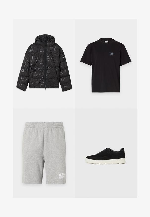 Črna napihnjena jakna z sijočim, vzorčastim zaključkom. Ima sprednji zadrgo, kapuco s vrvico in logotipne detajle na rokavu.; Črna bombažna majica s kratkimi rokavi in kroоровim ovratnikom. Ima majhen modri logotip na levem prsnem delu. Preprost, ravno krojen dizajn.; Sive bombažne hlače s elastiko na pasu in belim logotipom na spodnjem desnem vogalu. Mehka tekstura, zasnova do kolen.; Črni semiš teniški copati z vezalkami in kontrastnim belim gumijastim podplatom. Imajo teksturirane stranske panele in subtilno oznako na peti.
