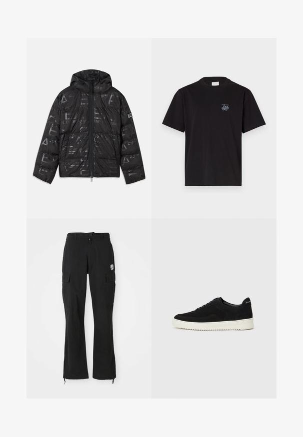 Svart jakke med pufferdesign og blank, mønstrete overflate. Har en frontglidelås, snøring på hetten og logo detaljer på ermet.; Svart bomulls T-skjorte med rund hals og korte ermer. Har en liten blå logo på venstre bryst. Enkel, rettskåret design.; Svart cargo-bukser med rett ben og knappelukking, sidelommer med klaff og lite hvitt logo på høyre lår.; Svart semsket sneakers med snøring og kontrasterende hvit gummisåle. Har teksturerte sidepaneler og subtil merkevare på hælen.