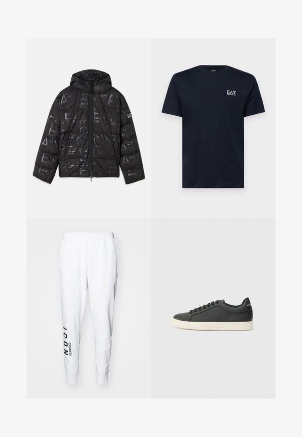 Črna napihnjena jakna z sijočim, vzorčastim zaključkom. Ima sprednji zadrgo, kapuco s vrvico in logotipne detajle na rokavu.; Temno modra bombažna majica z kratkimi rokavi, krožnim izrezom in majhnim belim vezenim logotipom na levem prsnem delu. Gladka tekstura.; Bele trenirke iz mehkega bombaža. Imajo ožji kroj, elastični pas, stranske žepke in potiskan logo "ICON DSQUARED2" na strani.; Črne usnjene superge z nizkim profilom, okroglo špičko in vezalkami; vsebujejo teksturiran gumijast podplat in detajl z logotipom na peti.
