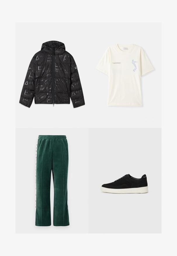 Černá péřová bunda s lesklým, vzorovaným povrchem. Obsahuje přední zip, kapuci se stahovací šňůrou a logové detaily na rukávu.; Bílá bavlněná tričko s krátkým rukávem, se zapnutím "United By Rhythm" v černé a modré grafikou na hrudi. Kulatý výstřih.; Tmavě zelené sametové teplákové kalhoty s elastickým pasem, se svislými švy a bílými bočními panely s černým textem. Rovný střih.; Černé semišové tenisky s krajkovým designem a kontrastní bílou gumovou podrážkou. Obsahují texturované boční panely a jemné branding na patě.