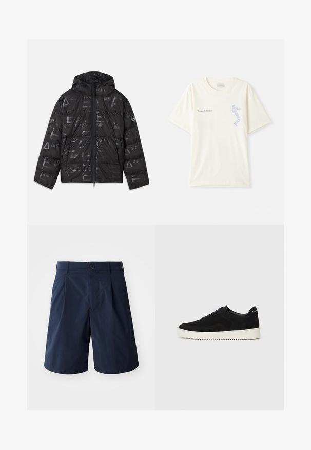 Μαύρο πλάγιο μπουφάν με γυαλιστερή, μοτίβο υφή. Διαθέτει μπροστινό φερμουάρ, κουκούλα με κορδόνι και λογότυπο στα μανίκια.; Λευκό βαμβακερό μπλουζάκι με κοντά μανίκια, με το κείμενο "United By Rhythm" σε μαύρη και μπλε εκτύπωση στο στήθος. Στρογγυλή σχεδίαση λαιμού.; Σκούρο μπλε σορτσάκια από ελαφρύ ύφασμα, με κουμπί κλεισίματος, πλευρικές τσέπες και απλή σχεδίαση με πτυχώσεις μπροστά.; Μαύρο σουέτ αθλητικό παπούτσι με σχέδιο κορδονιών και λευκή λαστιχένια σόλα σε αντίθεση. Διαθέτει υφαντές πλαϊνές πάνελ και διακριτική σήμανση στην φτέρνα.