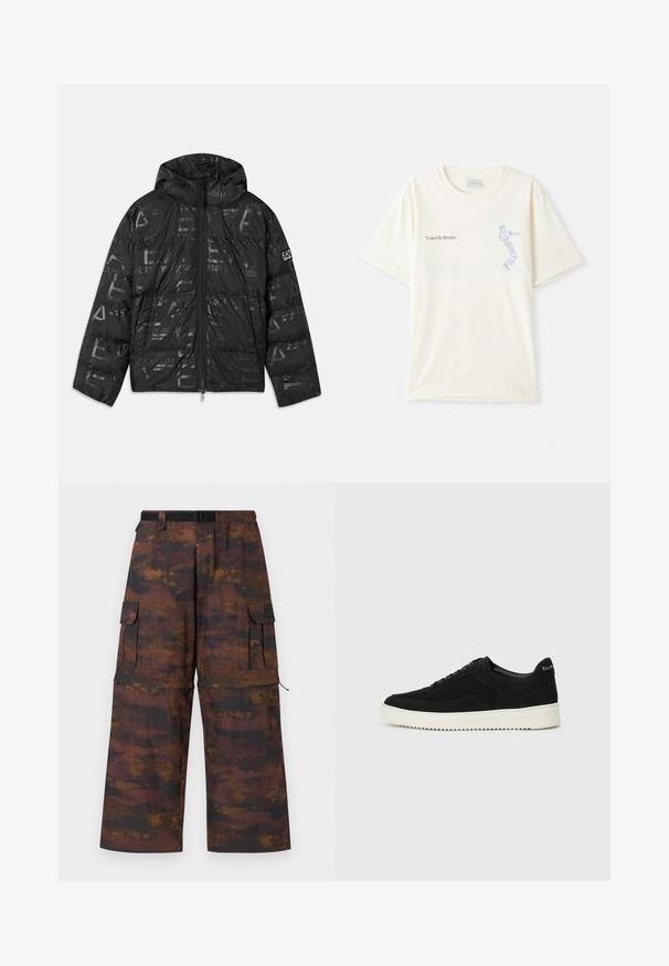 Sort puffer-jakke med en glansfuld, mønstret overflade. Har en forrest lynlås, snor i hætten og logo detaljer på ærmet.; Hvid bomulds t-shirt med korte ærmer, prydet med teksten "United By Rhythm" i sort og blå grafik på brystet. Rund halsdesign.; Cargo bukser i et brunt, tekstureret stof med et falmet, abstrakt mønster. Har brede ben, elastisk talje og flere lommer.; Sort ruskinds sneaker med snørebånd og kontrasterende hvid gummisål. Har teksturerede sidepaneler og diskret branding på hælen.