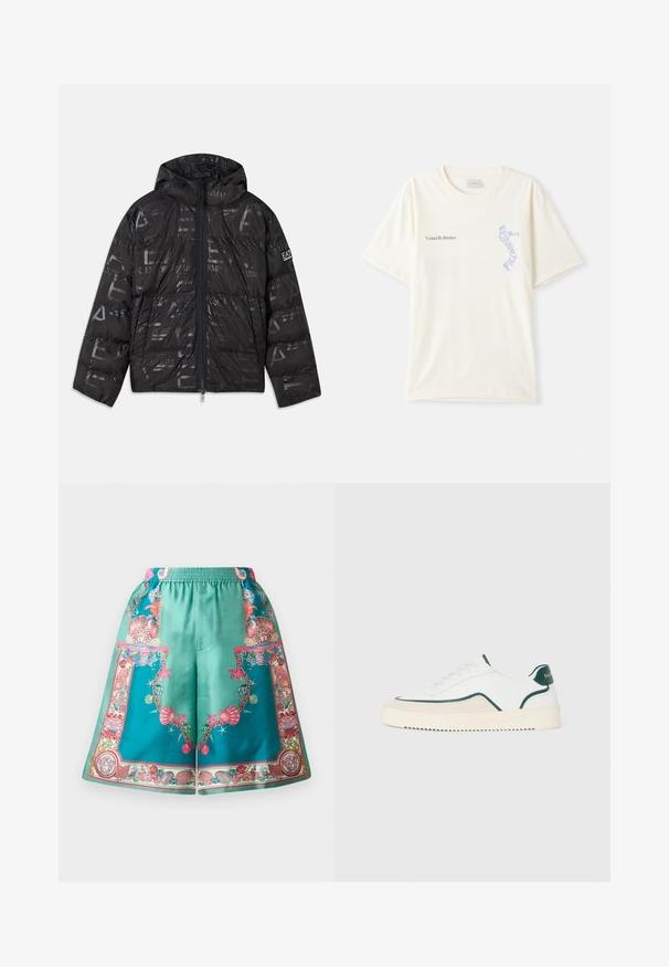 Svart puffjacka med en blank, mönstrad yta. Har en framsida med dragkedja, justerbar huva och logotypdetaljer på ärmen.; Vit bomull t-shirt med korta ärmar, med texten "United By Rhythm" i svart och blå grafik på bröstet. Rund halsdesign.; Silkeshorts i turkos med intrikata flerfärgade snäcka- och marina tryck, med ett elastiskt midjeband och lös passform.; Vit låg sneaker med grön trim, beige mockadetaljer och en krämfärgad sula med räfflad botten.