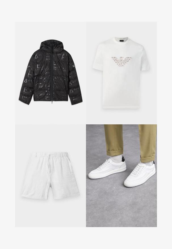 Chaqueta de plumas negra con un acabado brillante y con estampado. Cuenta con una cremallera frontal, capucha con cordón y detalles del logotipo en la manga.; Camiseta de algodón blanca de manga corta con cuello redondo. Presenta un diseño de logo central en tonos rosa y marrón.; Pantalones cortos de lino blancos con cinturilla elástica y cordón de ajuste, con bolsillos laterales, exhibidos sobre un fondo liso.; Zapatillas blancas con un acabado de cuero texturizado, punta redondeada y acento negro en el talón. Suela de goma con un pequeño patrón de relieve y detalle de costura.