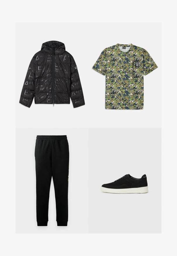Casaco puffer preto com um acabamento brilhante e estampado. Apresenta um fecho frontal, capuz com cordão e detalhes de logótipo na manga.; T-shirt de mangas curtas com um padrão de camuflagem em tons de verde, azul-marinho e bege, com um bolso e um rótulo na parte da frente.; Calças de moletão pretas com um cós elástico, pernas ajustadas e bolsos laterais. Apresenta um detalhe gráfico arrojado ao longo do lado esquerdo.; Sapatilhas de camurça pretas com design de atacadores e sola de borracha branca em contraste. Apresenta painéis laterais texturizados e uma marcação discreta no calcanhar.