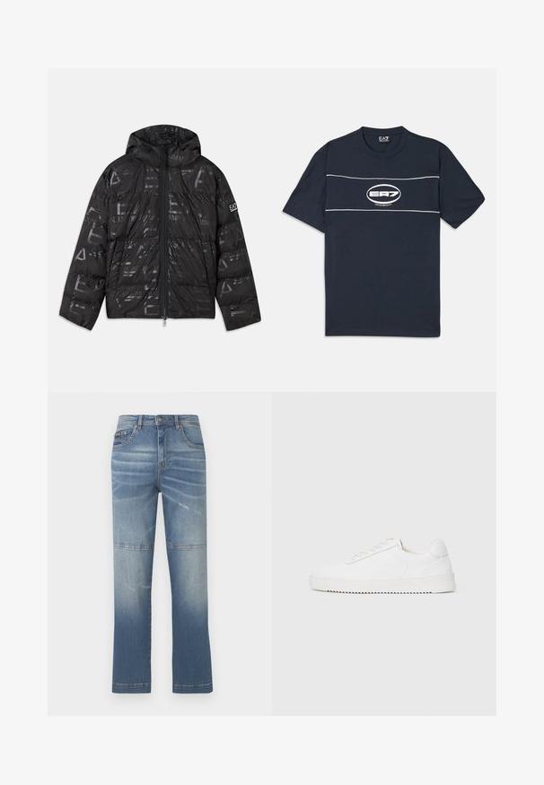 Μαύρο πλάγιο μπουφάν με γυαλιστερή, μοτίβο υφή. Διαθέτει μπροστινό φερμουάρ, κουκούλα με κορδόνι και λογότυπο στα μανίκια.; Ναυτικό μπλε βαμβακερό t-shirt με κοντά μανίκια, με λευκό λογότυπο και ρίγες στο στήθος. Στρογγυλή λαιμόκοψη, άνετη εφαρμογή.; Ανοιχτού μπλε τζιν παντελόνι με ίσια γραμμή, που διαθέτει φθορές, ραφές και μέση μέσου ύψους. Περιλαμβάνει μπροστινές τσέπες.; Λευκό αθλητικό παπούτσι με λείο δερμάτινο επάνω μέρος, στρογγυλή μύτη, κορδόνια, υφή στα πλαϊνά και παχύ καουτσούκ πάτο. Μινιμαλιστικός σχεδιασμός.