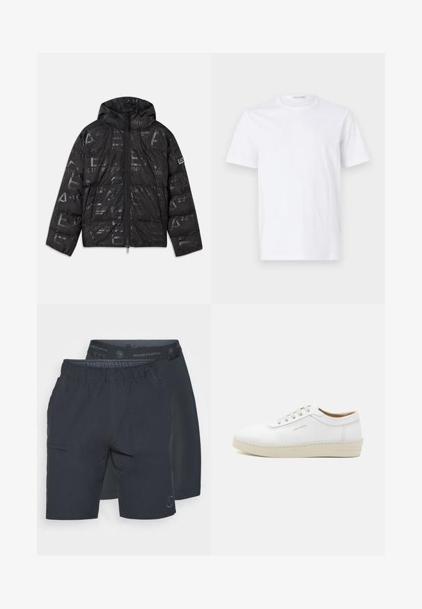 Črna napihnjena jakna z sijočim, vzorčastim zaključkom. Ima sprednji zadrgo, kapuco s vrvico in logotipne detajle na rokavu.; Bela bombažna majica s krožnim izrezom in kratkimi rokavi. Gladka tekstura, ravna zasnova in minimalističen dizajn brez vzorcev ali poudarkov.; Dve pare temno mornarskih kratkih hlač na strani drug ob drugi. Ena ima elastičen pas z logotipi, medtem ko druga ima žep na strani.; Bele usnjene teniske s teksturirano površino, okrogel nos, bež gumijast podplat in šest sivih luknjic za vezalke, s subtilnim logotipom na strani.