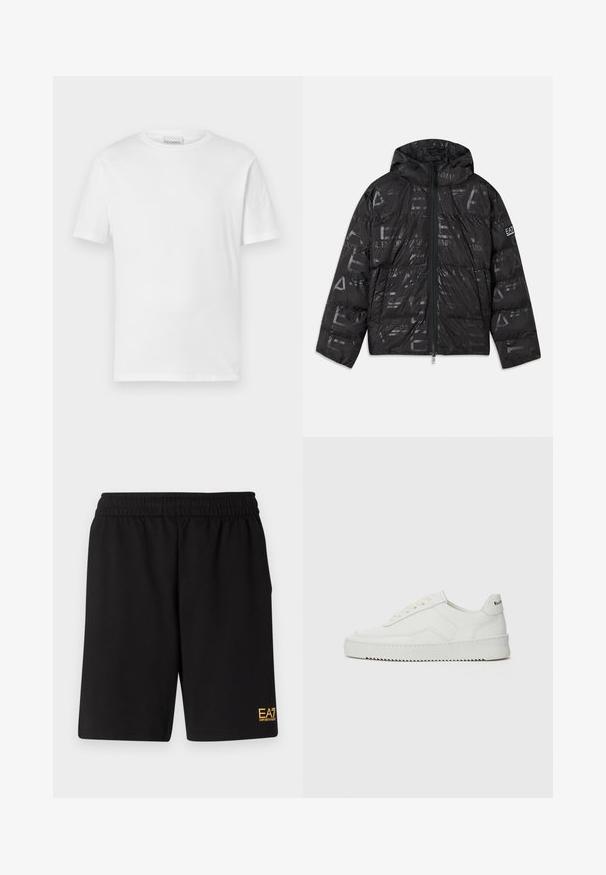 Mustat puffatakkia, jossa on kiiltävä, kuvioitu pinta. Varustettu vetoketjulla edessä, kiristettävällä hupulla ja logovärihtöillä hihaosassa.; Valkoinen lyhythihainen t-paita, joka on tehty puuvillasta. Varustettu pyöreällä kaula-aukolla ja suoralla helma. Ei kuvioita tai koristeita. Yksinkertainen muotoilu.; Mustat urheilushortsit, jotka on valmistettu pehmeästä kankaasta. Kengissä on joustava vyötärönauha ja pieni keltainen EA7-logo vasemmassa alakulmassa.; Valkoinen nahkakenkä, jossa on sileä pinta, pyöreä kärki, tasaiset nauhat ja teksturoitu pohja. Sisältää huomaamattoman logon kantapäässä.