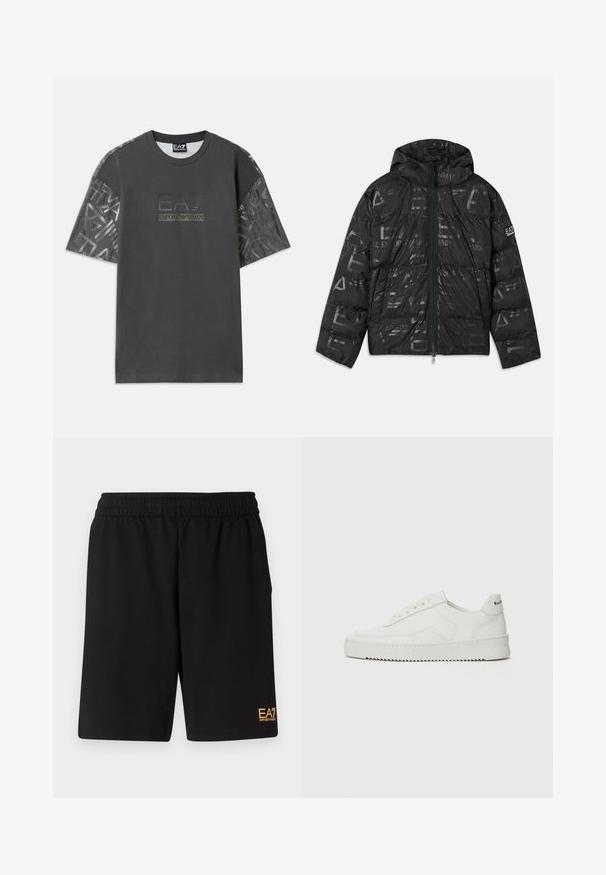 Svart jakke med pufferdesign og blank, mønstrete overflate. Har en frontglidelås, snøring på hetten og logo detaljer på ermet.; Grå bomull T-skjorte med korte ermer, med mønstret stoff på ermene, og en sentral logo som leser "EA7 Emporio Armani."; Sorte treningsshorts laget av mykt stoff, med elastisk midje og en liten gul EA7-logo nederst på venstre ben.; Hvite lærersneakers med en jevn overflate, rund tå, flate lisser og en teksturert såle. Har en subtil logo på hælen.