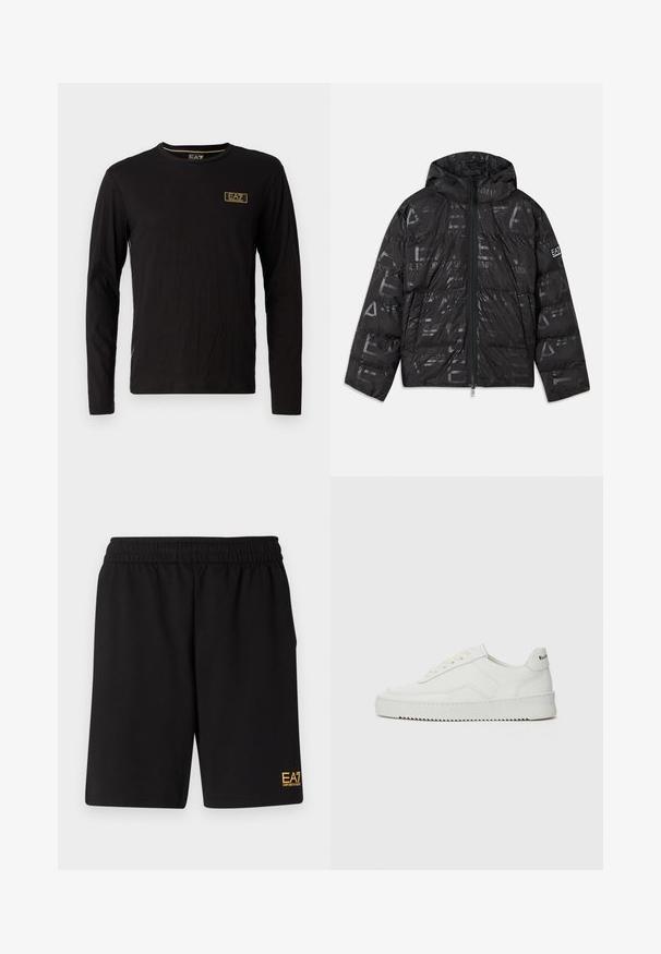 Casaco puffer preto com um acabamento brilhante e estampado. Apresenta um fecho frontal, capuz com cordão e detalhes de logótipo na manga.; T-shirt preta de manga longa feita de algodão, com um decote redondo, um pequeno logótipo dourado no peito e detalhes laterais em contraste.; Calções desportivos pretos feitos de um tecido suave, com um cós elástico e um pequeno logótipo amarelo EA7 na parte inferior da perna esquerda.; Sapatilha de couro branco com acabamento suave, bico redondo, atacadores planos e uma sola texturizada. Apresenta um logotipo discreto no calcanhar.