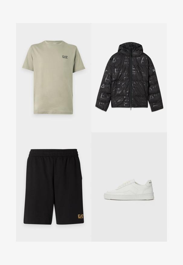 Giacca a vento nera con finitura lucida e motivo a trama. Presenta una cerniera frontale, cappuccio con cordino e dettagli con logo sulla manica.; T-shirt in cotone verde oliva con scollo rotondo a girocollo e maniche corte. Presenta un piccolo logo EA7 nero sul davanti.; Pantaloni sportivi neri realizzati in tessuto morbido, con vita elastica e un piccolo logo EA7 giallo sulla parte bassa della gamba sinistra.; Sneaker in pelle bianca con una finitura liscia, punta rotonda, lacci piatti e suola testurizzata. Presenta un logo discreto sul tallone.