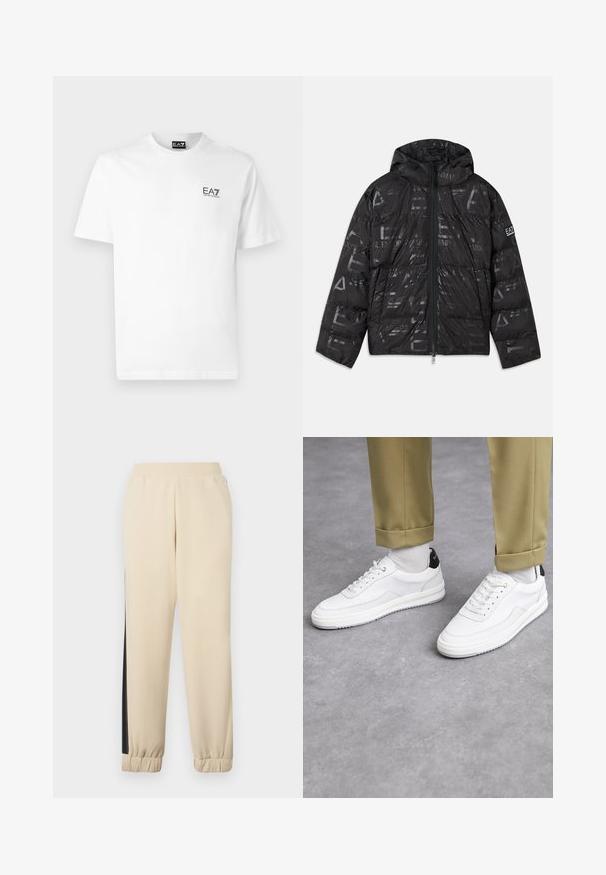 Chaqueta de plumas negra con un acabado brillante y con estampado. Cuenta con una cremallera frontal, capucha con cordón y detalles del logotipo en la manga.; Camiseta de algodón blanca con cuello redondo, mangas cortas y un logo negro de EA7 en el lado izquierdo del pecho. Textura suave y lisa.; Pantalones de chándal color crema con franjas laterales negras, cinturilla elástica y puños acanalados. Tejido suave con un ajuste relajado.; Zapatillas blancas con un acabado de cuero texturizado, punta redondeada y acento negro en el talón. Suela de goma con un pequeño patrón de relieve y detalle de costura.