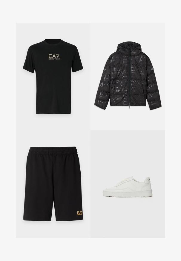 Jachetă puffer neagră cu un finisaj lucios și modelat. Are un fermoar frontal, glugă cu șnur și accente cu logo pe mânecă.; Tricou negru din bumbac fin, cu mâneci scurte, având un logo EA7 și Emporio Armani contrastant de culoare aurie pe față.; Shorts atletici negri dintr-un material moale, având o talie elastică și un mic logo galben EA7 pe partea inferioară a piciorului stâng.; Sneakers din piele albă cu un finisaj neted, vârf rotund, șireturi plate și o talpă texturată. Prezintă un logo subtil pe călcâi.