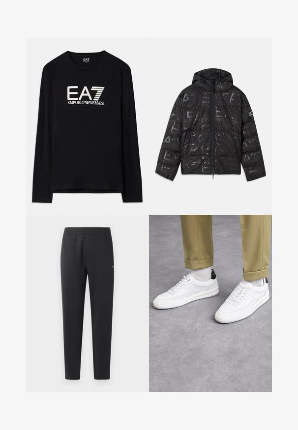 Black puffer jacket with a glossy, patterned finish. Features a front zipper, drawstring hood, and logo accents on the sleeve.; Black long-sleeve shirt featuring white embroidered EA7 and Emporio Armani logos. Soft fabric with a round neck and straight hemline.; Black jogger pants made of soft fabric, featuring an elastic waistband, straight legs, and a single small logo detail on the side.; White sneakers with a textured leather finish, rounded toe, and black heel accent. Rubber sole with small tread pattern and stitched detail.