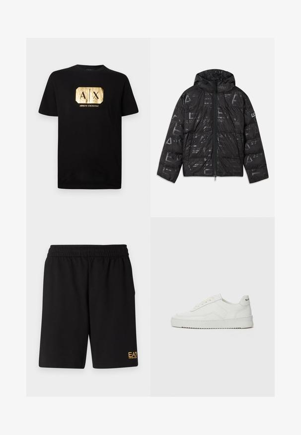 Černá péřová bunda s lesklým, vzorovaným povrchem. Obsahuje přední zip, kapuci se stahovací šňůrou a logové detaily na rukávu.; Černé bavlněné tričko s krátkým rukávem, na kterém je zlatý obdélníkový logotyp s textem "A|X" a "ARMANI EXCHANGE" níže. Klasický střih.; Černé sportovní šortky vyrobené z měkké látky, s elastickým pasem a malým žlutým logem EA7 na dolní části levé nohy.; Bílé kožené tenisky s hladkým povrchem, kulatou špičkou, plochými tkaničkami a texturovanou podrážkou. Na patě se nachází nenápadné logo.
