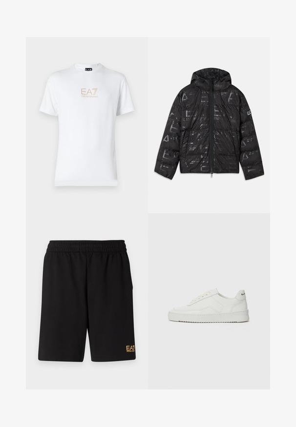 Jachetă puffer neagră cu un finisaj lucios și modelat. Are un fermoar frontal, glugă cu șnur și accente cu logo pe mânecă.; Tricou alb din bumbac, cu guler rotund și mâneci scurte, având un logo auriu EA7 Emporio Armani imprimat pe față.; Shorts atletici negri dintr-un material moale, având o talie elastică și un mic logo galben EA7 pe partea inferioară a piciorului stâng.; Sneakers din piele albă cu un finisaj neted, vârf rotund, șireturi plate și o talpă texturată. Prezintă un logo subtil pe călcâi.