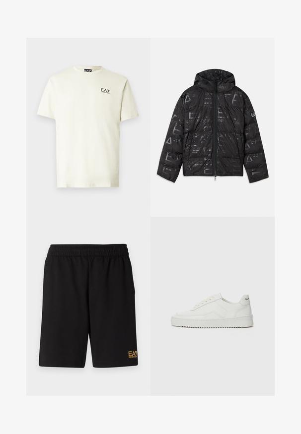 Černá péřová bunda s lesklým, vzorovaným povrchem. Obsahuje přední zip, kapuci se stahovací šňůrou a logové detaily na rukávu.; Světle béžové tričko s krátkým rukávem vyrobené z bavlny. Na hrudi je malé černé logo EA7. Klasický kulatý výstřih.; Černé sportovní šortky vyrobené z měkké látky, s elastickým pasem a malým žlutým logem EA7 na dolní části levé nohy.; Bílé kožené tenisky s hladkým povrchem, kulatou špičkou, plochými tkaničkami a texturovanou podrážkou. Na patě se nachází nenápadné logo.