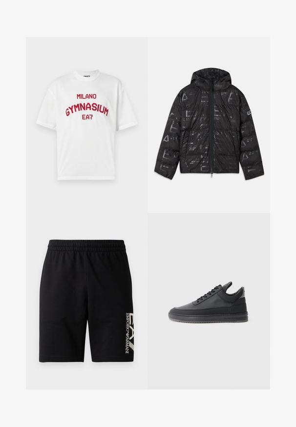 Svart jakke med pufferdesign og blank, mønstrete overflate. Har en frontglidelås, snøring på hetten og logo detaljer på ermet.; EA7 Emporio Armani T-shirts med print - star white; EA7 Emporio Armani TRAIN VISIBILITY - Shorts - black/cream; svarte lær sneakers med en teksturert overflate, snøring, lav topp, og en grå gummi såle med en ribbet kant.