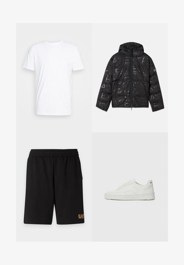 Schwarze Daunenjacke mit glänzender, gemusterter Oberfläche. Verfügt über einen Frontreißverschluss, eine Kordelzugkapuze und Logo-Akzente an den Ärmeln.; Weißes Baumwoll-T-Shirt mit klassischem Rundhalsausschnitt, kurzen Ärmeln und glatter Textur; keine Muster oder sichtbaren Logos.; Schwarze Sportshorts aus weichem Material, mit einem elastischen Bund und einem kleinen gelben EA7-Logo am unteren linken Bein.; Weiße Ledersneaker mit glatter Oberfläche, runder Zehenpartie, flachen Schnürsenkeln und strukturiertem Sohlenprofil. Mit einem dezenten Logo an der Ferse.