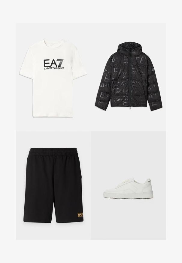 Černá péřová bunda s lesklým, vzorovaným povrchem. Obsahuje přední zip, kapuci se stahovací šňůrou a logové detaily na rukávu.; Bílá bavlněná tričko s černým logem EA7 a textem "EMPORIO ARMANI". Krátké rukávy, kulatý výstřih, normální střih, hladká textura.; Černé sportovní šortky vyrobené z měkké látky, s elastickým pasem a malým žlutým logem EA7 na dolní části levé nohy.; Bílé kožené tenisky s hladkým povrchem, kulatou špičkou, plochými tkaničkami a texturovanou podrážkou. Na patě se nachází nenápadné logo.
