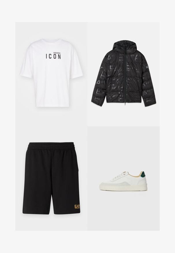 Čierna bunda s páperovým vzhľadom a lesklým, vzorovaným povrchom. Obsahuje predný zips, kapucňu so šnúrkou a logo akcenty na rukáve.; Biela tričko vyrobené z bavlny, s klasickým výstrihom a krátkymi rukávmi, s čiernou grafikou "ICON" a textom "DSQUARED2" potlačeným na prednej strane.; Čierne športové šortky vyrobené z jemného materiálu, s elastickým pásom a malým žltým logom EA7 na dolnej ľavej nohe.; Biele tenisky s semišovými akcentmi, zaoblenou špičkou, plochými šnúrkami a krémovou gumovou podrážkou. Na päte sú zelené značky.