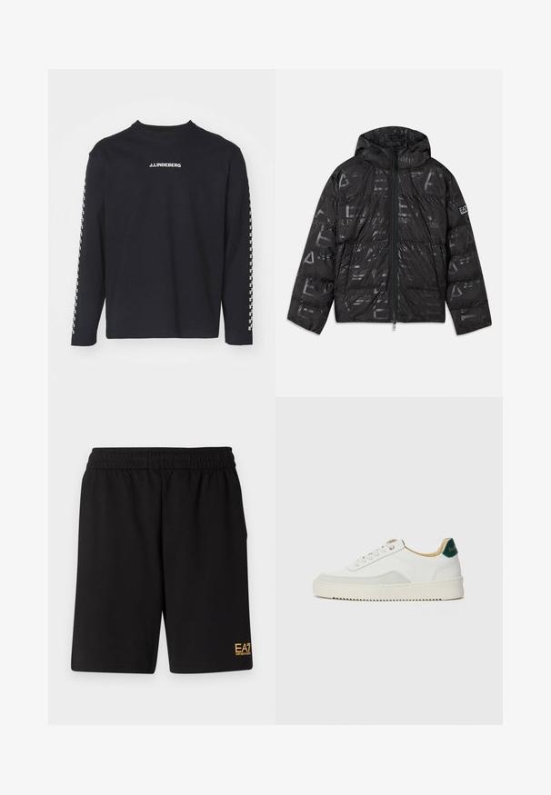 Svart puffjacka med en blank, mönstrad yta. Har en framsida med dragkedja, justerbar huva och logotypdetaljer på ärmen.; Långärmad svart T-shirt i bomull, med rund halsringning och J.Lindeberg-logotyp på bröstet, samt rutmönster på ärmarna.; Svarta träningsshorts i mjukt tyg, med ett elastiskt midjeband och en liten gul EA7-logotyp på nedre vänstra benet.; Vit sneaker med mockadetaljer, rund tå, platta snören och en krämfärgad gummisula. Har grön branding på hälen.