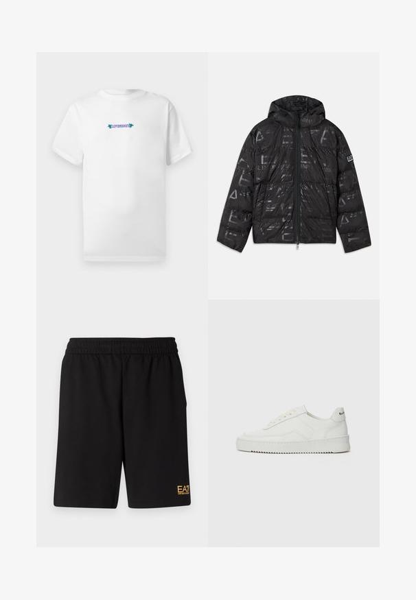 Musternäiline läikiv must konvektori jope. Omab eesmist tõmbluku, reguleeritavat kapuutsi ja logo elemente varrukal.; Valge puuvillane T-särk lühikeste varrukatega, millel on graafiline tekstilogot "CLEPTOMANICX" lillaga ja rohelisega, mis on keskendatud rinna peale.; Mustad mustad lühikesed püksid, mis on valmistatud pehmest kangast. Omavad elastset vöökohta ja väikest kollast EA7 logo vasakul jalal.; Valge nahast tennis, millel on sile põhi, ümar varvas, lamedad nöörid ja tekstuuriline tall. Sisaldab diskreetset logo kontsaribal.