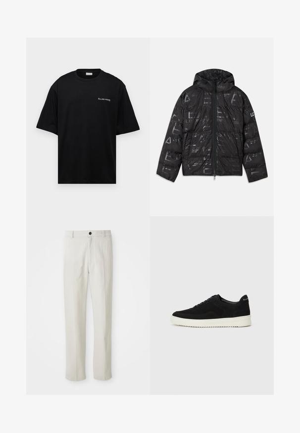 Svart jakke med pufferdesign og blank, mønstrete overflate. Har en frontglidelås, snøring på hetten og logo detaljer på ermet.; Svart bomulls t-skjorte med avslappet passform, korte ermer og hvit "FILLING PIECES" logo på venstre bryst. Glatt tekstur.; Beige rette benbukser med bæltestropper, frontknap og lynlås lukning, vist fladt på en hvid baggrund.; Svart semsket sneakers med snøring og kontrasterende hvit gummisåle. Har teksturerte sidepaneler og subtil merkevare på hælen.