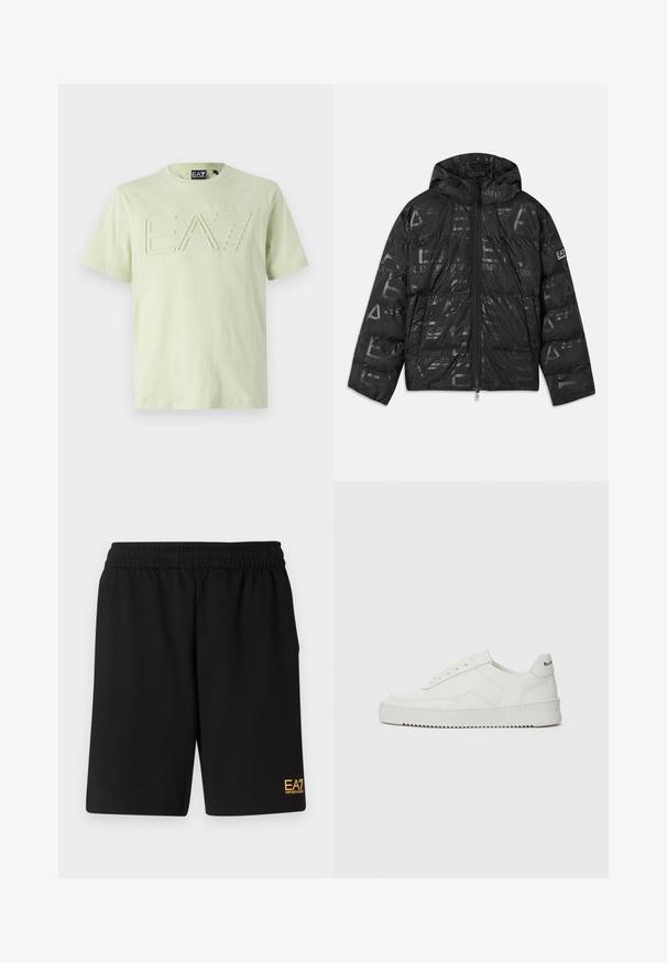 Musternäiline läikiv must konvektori jope. Omab eesmist tõmbluku, reguleeritavat kapuutsi ja logo elemente varrukal.; Hele roheline lühikeste varrukatega T-särk, mille eesmise poole peal on tõstetud "EA7" logo. T-särk on valmistatud pehmest kangast, millel on sile tekstuur. Lihtne disain.; Mustad mustad lühikesed püksid, mis on valmistatud pehmest kangast. Omavad elastset vöökohta ja väikest kollast EA7 logo vasakul jalal.; Valge nahast tennis, millel on sile põhi, ümar varvas, lamedad nöörid ja tekstuuriline tall. Sisaldab diskreetset logo kontsaribal.