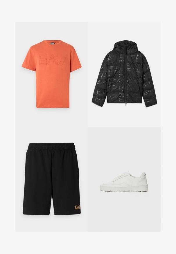 Musternäiline läikiv must konvektori jope. Omab eesmist tõmbluku, reguleeritavat kapuutsi ja logo elemente varrukal.; Oranž puuvillane T-särk, mille ees on tekstureeritud EA7 logo. Tavaline ümar kaelus ja lühikesed varrukad. Sile kangaste viimistlus.; Mustad mustad lühikesed püksid, mis on valmistatud pehmest kangast. Omavad elastset vöökohta ja väikest kollast EA7 logo vasakul jalal.; Valge nahast tennis, millel on sile põhi, ümar varvas, lamedad nöörid ja tekstuuriline tall. Sisaldab diskreetset logo kontsaribal.