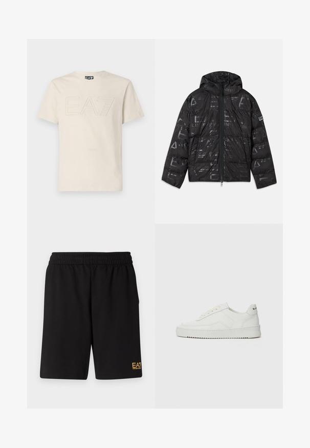 Musternäiline läikiv must konvektori jope. Omab eesmist tõmbluku, reguleeritavat kapuutsi ja logo elemente varrukal.; Kreemjas värvis puuvillane t-särk lühikeste varrukatega, mille esiküljel on reljeefne "EA7" logo. Sile tekstuur ja klassikaline ümmargune kaelus.; Mustad mustad lühikesed püksid, mis on valmistatud pehmest kangast. Omavad elastset vöökohta ja väikest kollast EA7 logo vasakul jalal.; Valge nahast tennis, millel on sile põhi, ümar varvas, lamedad nöörid ja tekstuuriline tall. Sisaldab diskreetset logo kontsaribal.