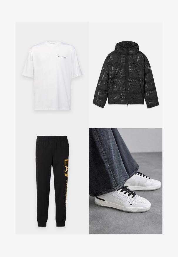 Sort puffer-jakke med en glansfuld, mønstret overflade. Har en forrest lynlås, snor i hætten og logo detaljer på ærmet.; Hvid kortærmet t-shirt i bomuld med v-hals, med et sort "FILLING PIECES" logo trykt på venstre side.; Sorte sweatpants lavet af blødt stof, med elastisk talje og afsluttede ankler. Gul branding trykt lodret på venstre ben.; Hvide sneakers med sorte snørebånd og mesh-detaljer. Har en glat læderoverdel og en tekstureret gummisål. Bæres sammen med brede grå jeans.
