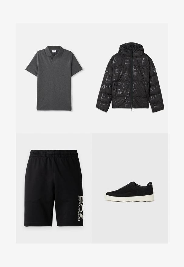 Melnā pūkainā jaka ar spīdīgu, rakstainu apdari. Aprīkota ar priekšējo rāvējslēdzēju, regulējamu kapuci un logotipu uz piedurknes.; Ogle melnā īsām piedurknēm polo krekls ar apkakli un bez redzamām pogām, izlīdzināts uz baltas fona.; EA7 Emporio Armani TRAIN VISIBILITY - Šorti - black/cream; Melnas zamšas kedas ar auklām un kontrastējošu baltu gumijas zoli. Iekļauj teksturētas sānu panēles un diskretu zīmolu uz papēža.