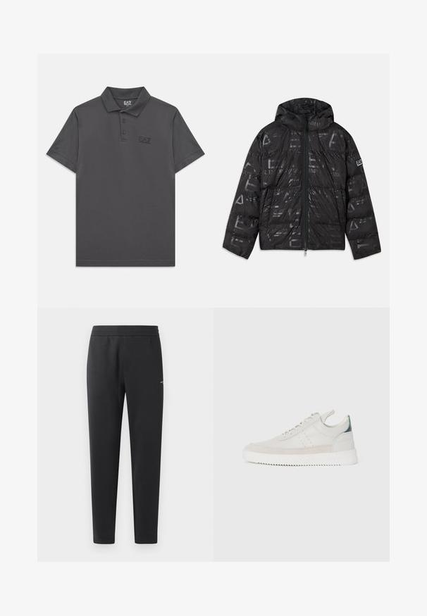 Juodas pūkinis švarkas su blizgiu, raštuotu paviršiumi. turi priekines užtrauktuką, reguliuojamą kapučą ir logotipo akcentus ant rankovės.; Tamsiai pilkas trumpa rankovė polo marškinėliai su trimis mygtukais ir subtiliu EA7 Emporio Armani logotipu kairėje krūtinės pusėje.; Juodos sportinės kelnės, pagamintos iš minkštos medžiagos, su elastinga juosmeniu, tiesiomis kojomis ir nedideliu logotipo akcentu šone.; Balti odiniai sportbačiai su pilkais zomšos akcentais, su raišteliais, su traukimo juostele ir tekstūruota guma, kurioje matomas zigzago raštas.