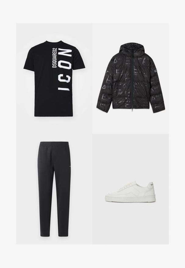 Black puffer jacket with a glossy, patterned finish. Features a front zipper, drawstring hood, and logo accents on the sleeve.; Black cotton t-shirt featuring bold white text design: "DSQUARED2" vertically and "ICON" horizontally on the side. Classic round neckline.; Black jogger pants made of soft fabric, featuring an elastic waistband, straight legs, and a single small logo detail on the side.; White leather sneaker with a smooth finish, round toe, flat laces, and a textured sole. Features a subtle logo on the heel.