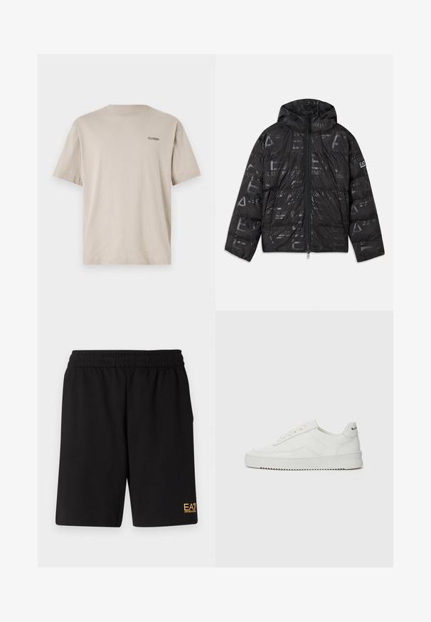 Musternäiline läikiv must konvektori jope. Omab eesmist tõmbluku, reguleeritavat kapuutsi ja logo elemente varrukal.; Beige puuvillane T-särk lühikeste varrukatega ja ümmarguse kaelusega. Esiosas vasakul rinnal on väike tikitud "CLOSED" logo.; Mustad mustad lühikesed püksid, mis on valmistatud pehmest kangast. Omavad elastset vöökohta ja väikest kollast EA7 logo vasakul jalal.; Valge nahast tennis, millel on sile põhi, ümar varvas, lamedad nöörid ja tekstuuriline tall. Sisaldab diskreetset logo kontsaribal.