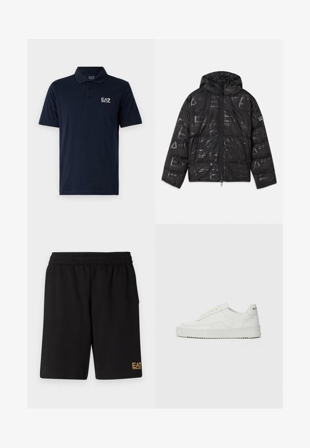 Casaco puffer preto com um acabamento brilhante e estampado. Apresenta um fecho frontal, capuz com cordão e detalhes de logótipo na manga.; Polo azul marinho feito de algodão, com gola, mangas curtas e um logótipo EA7 branco no lado esquerdo do peito. Design de corte clássico.; Calções desportivos pretos feitos de um tecido suave, com um cós elástico e um pequeno logótipo amarelo EA7 na parte inferior da perna esquerda.; Sapatilha de couro branco com acabamento suave, bico redondo, atacadores planos e uma sola texturizada. Apresenta um logotipo discreto no calcanhar.