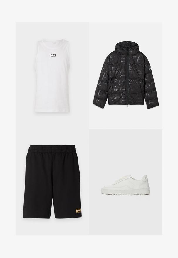 Svart jakke med pufferdesign og blank, mønstrete overflate. Har en frontglidelås, snøring på hetten og logo detaljer på ermet.; Hvit ermeløs tanktopp laget av bomull, med en svart EA7-logo på brystet og rund hals. Glatt tekstur, avslappet design.; Sorte treningsshorts laget av mykt stoff, med elastisk midje og en liten gul EA7-logo nederst på venstre ben.; Hvite lærersneakers med en jevn overflate, rund tå, flate lisser og en teksturert såle. Har en subtil logo på hælen.