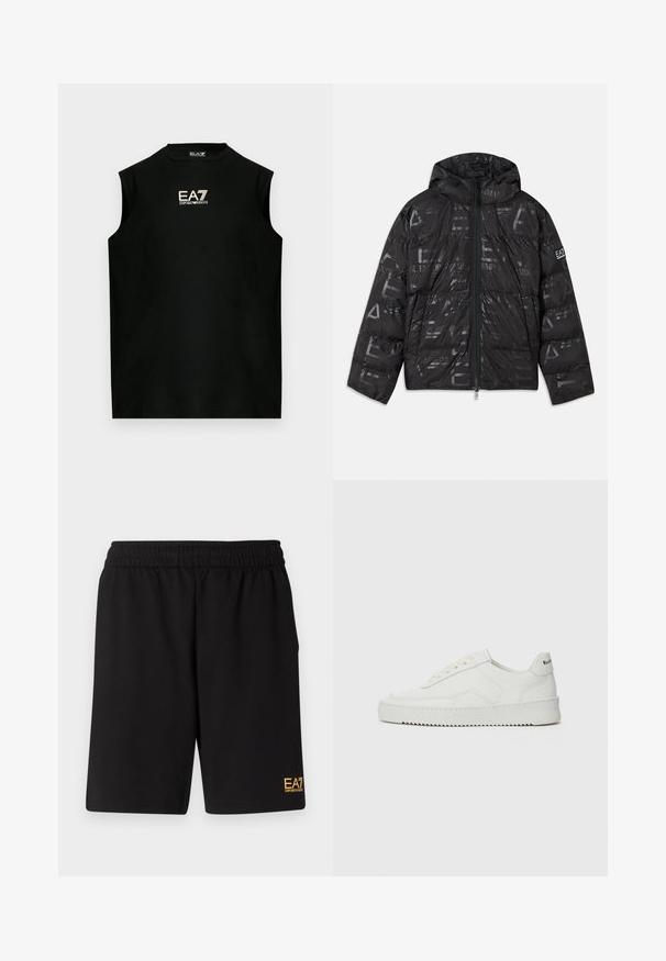 Black puffer jacket with a glossy, patterned finish. Features a front zipper, drawstring hood, and logo accents on the sleeve.; Black sleeveless shirt made of cotton, featuring a round neck and an embroidered EA7 logo in gold on the front. Smooth texture.; Black athletic shorts made of soft fabric,Featuring an elastic waistband and a small yellow EA7 logo on the lower left leg.; White leather sneaker with a smooth finish, round toe, flat laces, and a textured sole. Features a subtle logo on the heel.