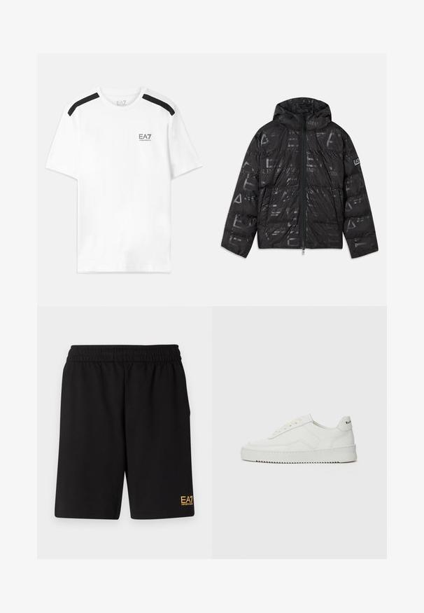 Casaco puffer preto com um acabamento brilhante e estampado. Apresenta um fecho frontal, capuz com cordão e detalhes de logótipo na manga.; T-shirt branca de mangas curtas com riscas pretas de destaque nos ombros. Apresenta um pequeno logótipo preto no peito. Feita de um tecido suave e liso.; Calções desportivos pretos feitos de um tecido suave, com um cós elástico e um pequeno logótipo amarelo EA7 na parte inferior da perna esquerda.; Sapatilha de couro branco com acabamento suave, bico redondo, atacadores planos e uma sola texturizada. Apresenta um logotipo discreto no calcanhar.