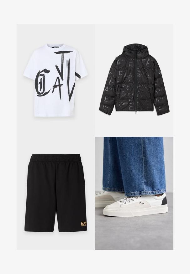Casaco puffer preto com um acabamento brilhante e estampado. Apresenta um fecho frontal, capuz com cordão e detalhes de logótipo na manga.; T-shirt de algodão branco com um ousado design de texto em pinceladas pretas abstratas. Decote redondo, mangas curtas, corte relaxado, textura suave.; Calções desportivos pretos feitos de um tecido suave, com um cós elástico e um pequeno logótipo amarelo EA7 na parte inferior da perna esquerda.; Sapatilhas brancas e pretas com um upper de couro suave, detalhes texturizados e uma sola branca grossa. Apresenta um design clássico de atacadores.