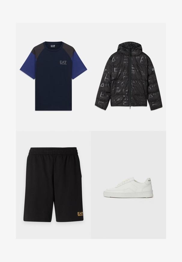 Melnā pūkainā jaka ar spīdīgu, rakstainu apdari. Aprīkota ar priekšējo rāvējslēdzēju, regulējamu kapuci un logotipu uz piedurknes.; Tumši zila T-krekls ar melniem plecu paneļiem un ziliem piedurknēm, ar EA7 Emporio Armani logo kreisajā krūtī.; Melnas sporta šortus, kas izgatavoti no mīksta auduma, ar elastīgu jostu un mazu dzeltenu EA7 logo zem kreisā kājas stūra.; Baltas ādas sneakers ar gludu virsmu, apaļu pirkstu daļu, plakaniem šņorēm un teksturētu zoli. Satur diskrētu logotipu uz papēža.