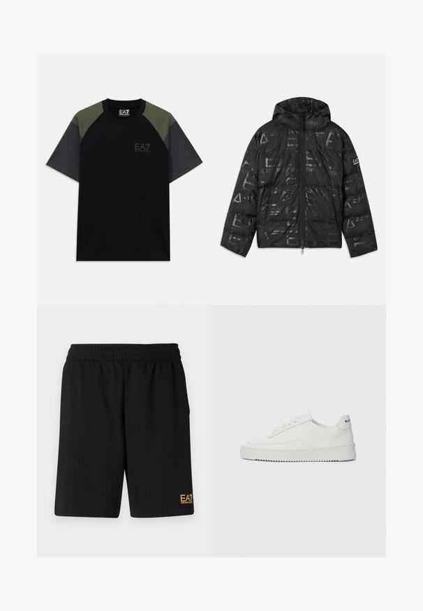 Čierna bunda s páperovým vzhľadom a lesklým, vzorovaným povrchom. Obsahuje predný zips, kapucňu so šnúrkou a logo akcenty na rukáve.; Čierne tričko s krátkym rukávom, olivovozelenými ramennými panelmi, tmavosivými rukávmi a logom EA7 Emporio Armani na hrudi a na štítku goliera.; Čierne športové šortky vyrobené z jemného materiálu, s elastickým pásom a malým žltým logom EA7 na dolnej ľavej nohe.; Biele kožené tenisky s hladkým povrchom, okrúly špičkový dizajn, ploché šnúrky a textúrovaná podrážka. Obsahujú jemné logo na päte.