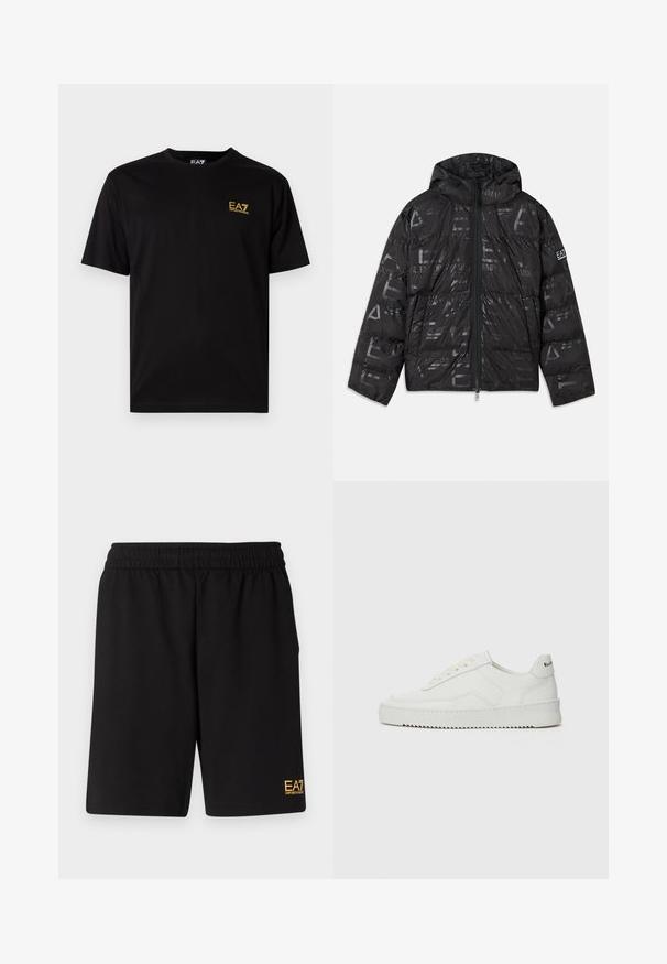 Jachetă puffer neagră cu un finisaj lucios și modelat. Are un fermoar frontal, glugă cu șnur și accente cu logo pe mânecă.; Tricou din bumbac negru, cu mâneci scurte, având un mic logo galben brodat în zona stângă a pieptului. Design clasic cu gât de tip crew.; Shorts atletici negri dintr-un material moale, având o talie elastică și un mic logo galben EA7 pe partea inferioară a piciorului stâng.; Sneakers din piele albă cu un finisaj neted, vârf rotund, șireturi plate și o talpă texturată. Prezintă un logo subtil pe călcâi.