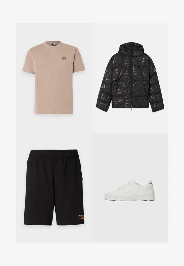 Svart jakke med pufferdesign og blank, mønstrete overflate. Har en frontglidelås, snøring på hetten og logo detaljer på ermet.; Beige crew-neck t-skjorte laget av myk bomull, med en liten svart EA7-logo på venstre bryst og korte ermer.; Sorte treningsshorts laget av mykt stoff, med elastisk midje og en liten gul EA7-logo nederst på venstre ben.; Hvite lærersneakers med en jevn overflate, rund tå, flate lisser og en teksturert såle. Har en subtil logo på hælen.