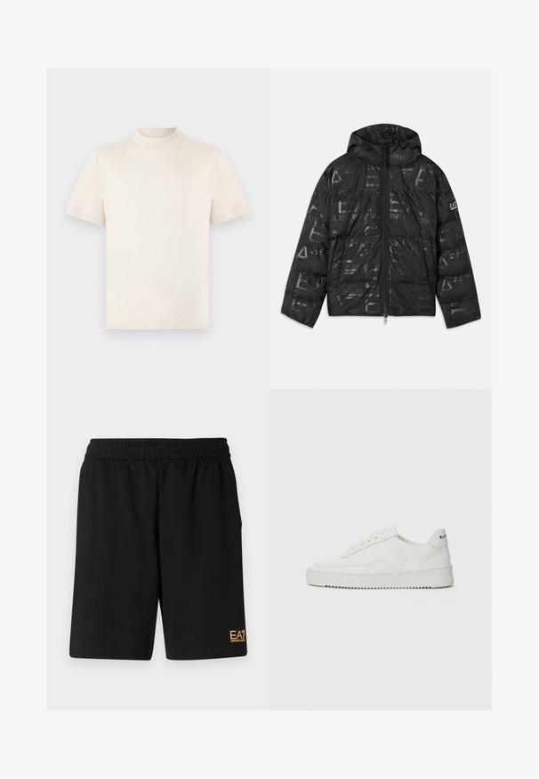 Crna jakna od puha s sjajnim, uzorkovanim završetkom. Ima prednji patentni zatvarač, kapuljaču sakožicom i logo detalje na rukavu.; Krem majica s kratkim rukavima i visokim ovratnikom, izrađena od mekanog pamuka. Ima suptilan otisak logotipa na prsima.; Crne atletske kratke hlače od mekanog materijala, s elastičnim pojasom i malim žutim EA7 logotipom na donjoj lijevoj nozi.; Bijele kožne tenisice s glatkom površinom, okruglim vrhom, ravnim vezicama i teksturiranom potplatom. Imaju suptilan logo na peti.